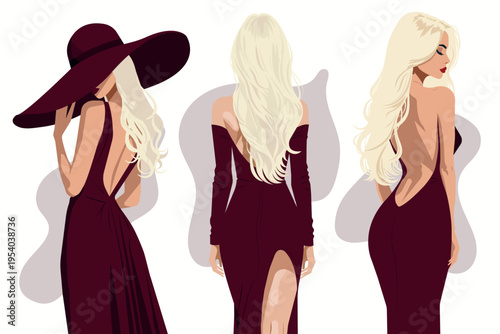 Elegant fashion vector set of faceless blonde women in burgundy dresses, ideal for branding, social media, beauty campaigns, packaging, and editorial design, modern feminine aesthetic