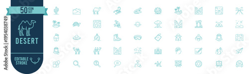 50 Desert Icons Set with Editable Stroke, Camel, Sand Dunes, Sahara, Arid, Travel Adventure