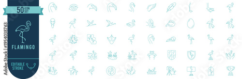 50 Flamingo Icons Set with Editable Stroke, Tropical Bird, Wildlife, Nature, Exotic, Summer