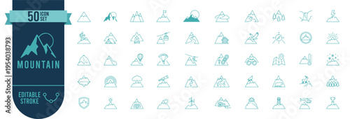50 Mountain Icons Set with Editable Stroke, Hiking, Peak, Nature, Outdoor Adventure, Trekking, Camping, Travel