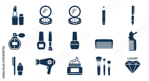 Collection of stylish beauty and grooming icons featuring makeup tools brushes hair accessories and luxury items isolated on transparent background