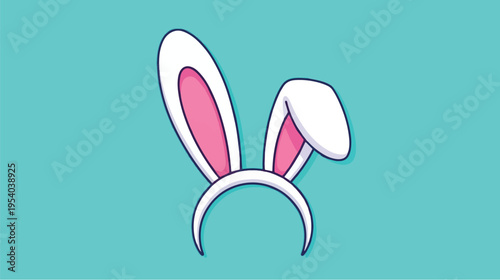 A pair of white bunny ears with pink inner details attached to a simple headband on a teal background