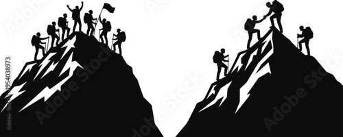 Mountain climbers silhouettes reaching summit peak, teamwork and leadership success concept, hiking adventure group, achievement and goal illustration isolated on white background