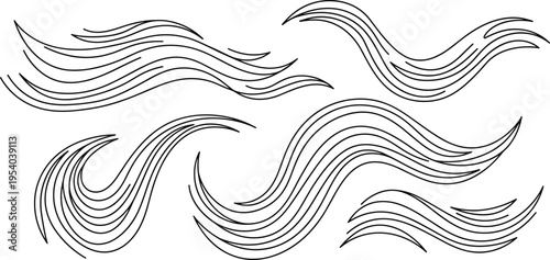 Flowing hair wave lines set with elegant curved strands minimal line art abstract vector illustration