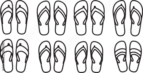 A variety of flip flops with different strap designs and patterns. Vector