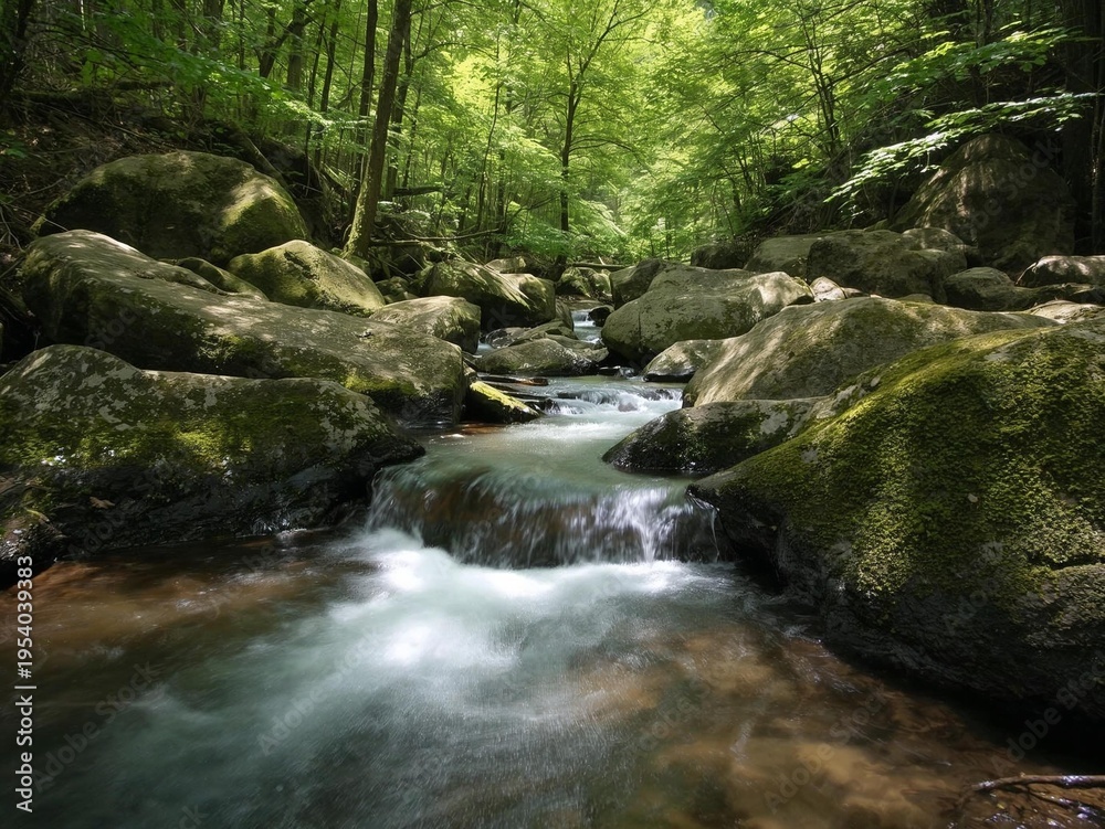 Fototapeta premium Fast-Flowing Forest Stream Over Moss-Covered Boulders