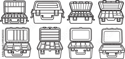Various styles of toolboxes with open lids and compartments for organization Vector