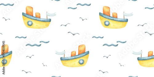 Colorful steamship, seagulls, waves. Hand drawn watercolor steamboat seamless pattern. Kids background of water transport. Nursery print ship for children design, fabric, wrapping paper, baby bedding