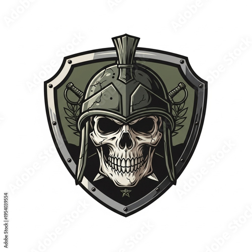 Skull Wearing Ancient Roman Helmet Shield.