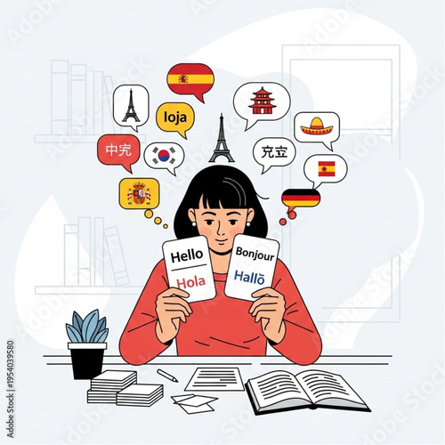 Woman Learning Multiple Languages at Desk.