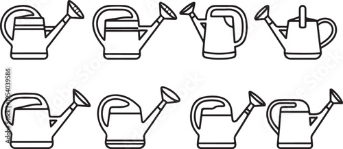 Assorted watering cans in a row, each with unique design features. Vector
