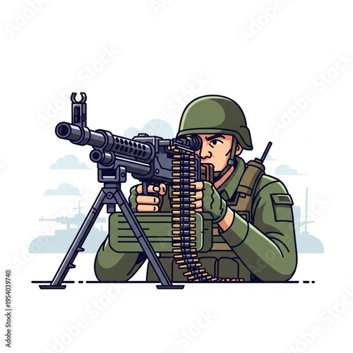 Soldier Aiming Machine Gun in Combat.