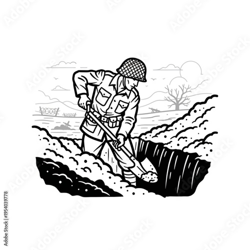 Soldier Digging Trench with Shovel.