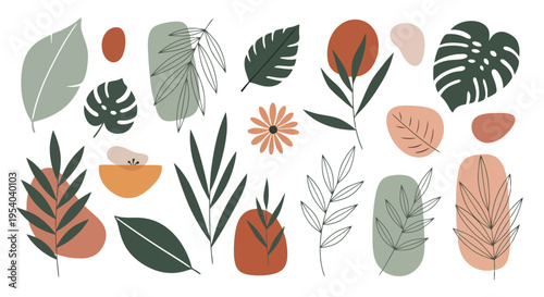 A diverse collection of tropical leaves and plants in various colors and shapes