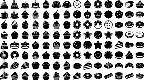 Collection of black icons featuring various types of cakes and desserts suitable for celebration and decoration
