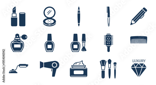 Collection of stylish beauty and grooming tools icons featuring lipstick compact makeup brushes nail polish combs and luxury accessories isolated on transparent background