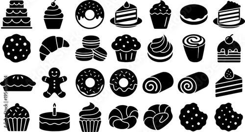 Collection of black icons featuring various types of cakes and desserts suitable for celebration and decoration
