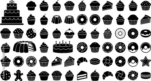 Collection of black icons featuring various types of cakes and desserts suitable for celebration and decoration
