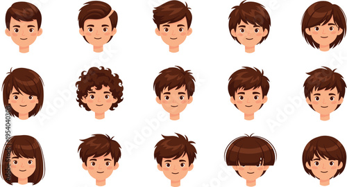 Kids hairstyle avatar collection vector illustration with cute boys and girls haircuts including short curly and bob styles cartoon character set