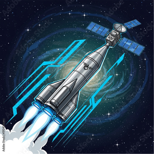 Spacecraft Launching into Orbit with Satellite.