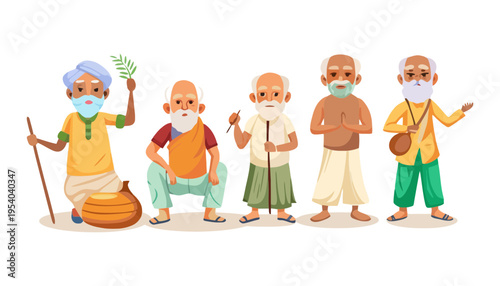 Elderly Indian men wearing face masks in various traditional outfits and poses