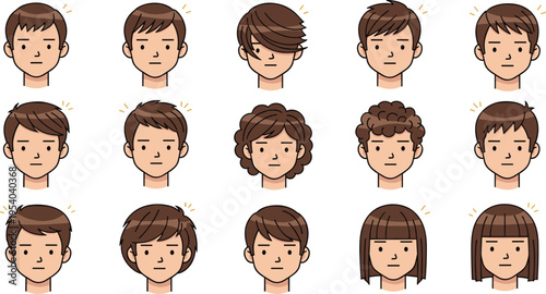 Kids boys hairstyle icon set with different short straight and curly haircuts cute cartoon avatar collection vector illustration