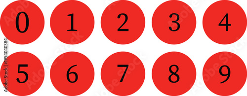 Numeric digit icons from zero to nine placed inside red circles for infographic interface