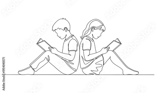 One continuous single line of two little boys reading book. Serious and focus learning increases insight single line draw design vector illustration