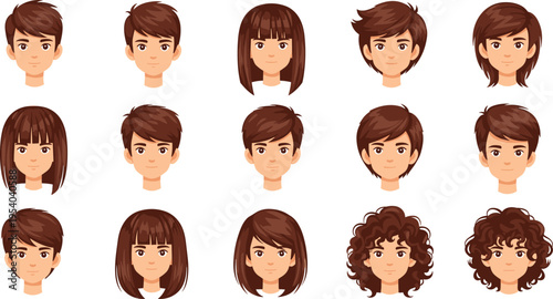Kids hairstyle avatar collection with boys and girls haircuts including straight curly and bob styles cute cartoon vector illustration set
