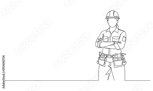 Continuous one line drawing of young handy woman pose cross arms on chest before going to work. Single line draw design vector graphic illustration