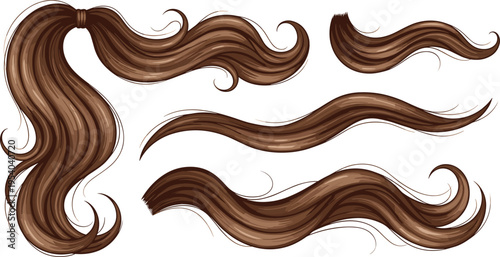 Long brown flowing hair waves set with glossy realistic strands smooth curves vector illustration for beauty and fashion design