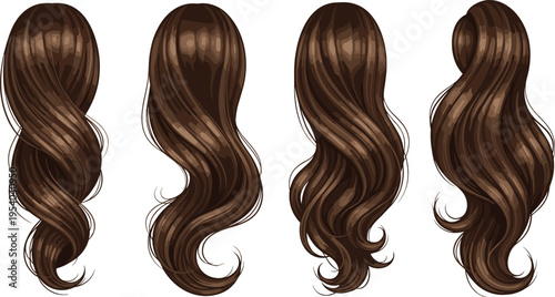 Long wavy brown hair vector illustration set with realistic glossy strands flowing hairstyle design elements for beauty and fashion use