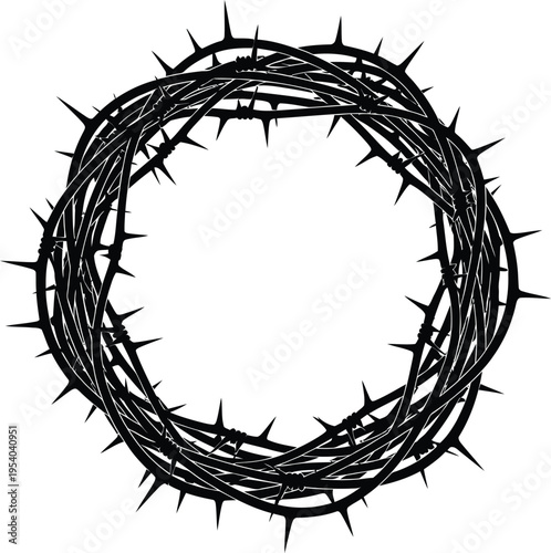 A black and white illustration of a crown of thorns on a plain background