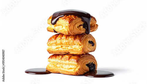 Three pain au chocolat on white background