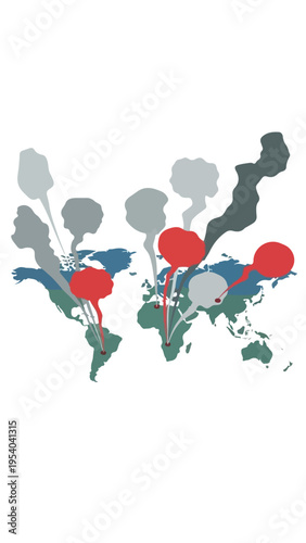 A world map with multicolored smoke clouds and red pollution markers, symbolizing global environmental issues and stop war efforts in a bold, illustrative style with a sense of urgency