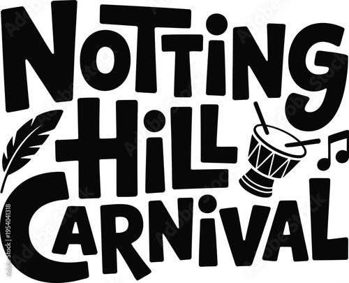 Notting Hill Carnival festival logo with feather drum and music note on transparent background