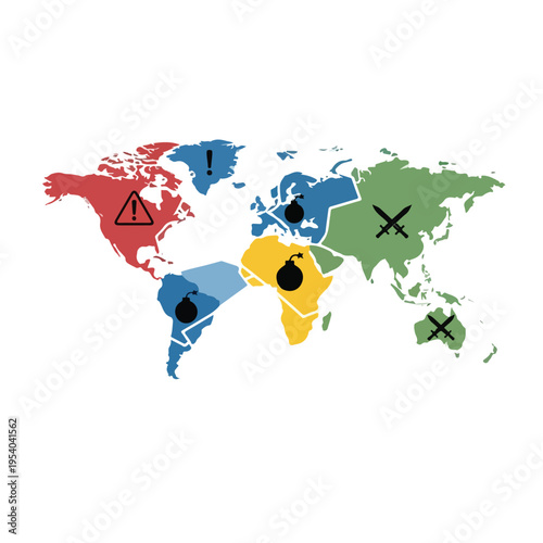 A colorful world map with various symbols and markings indicating global conflict zones and areas of unrest, set against a clean white background