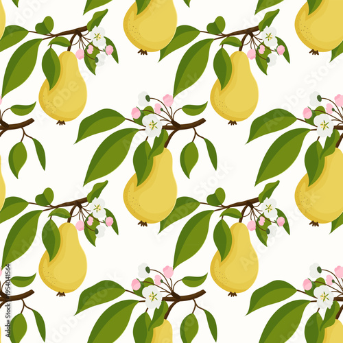 Yellow pears hang from branches with green leaves and pink blossoms. Design repeats across white background. Suitable for packaging, textiles, or spring-themed projects. Illustration has flat