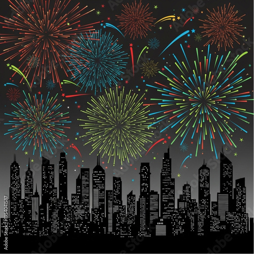 Vibrant Fireworks Exploding Above City Skyline.