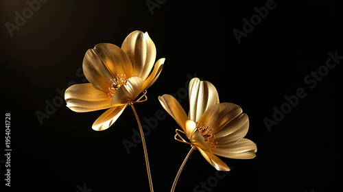 luxury golden flowers with delicate, curved, and elegant metallic petals, set against a pure, deep black background, illuminated by a soft, warm spotlight lighting that accentuates the intricate detai