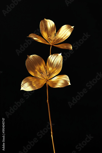 luxury golden flowers with delicate, curved, and elegant metallic petals, set against a pure, deep black background, illuminated by a soft, warm spotlight lighting that accentuates the intricate detai