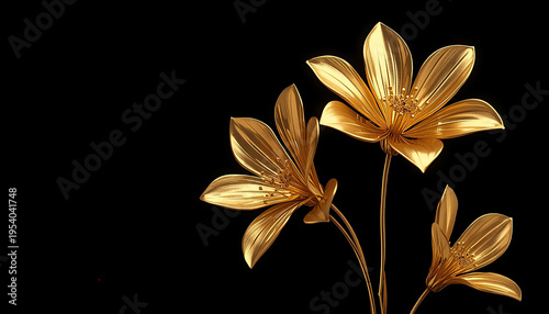 luxury golden flowers with delicate, curved, and elegant metallic petals, set against a pure, deep black background, illuminated by a soft, warm spotlight lighting that accentuates the intricate detai
