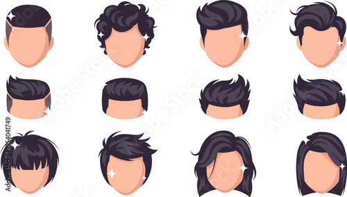 Men hairstyle collection vector illustration with modern haircuts including short curly fade and stylish cuts male fashion avatar set