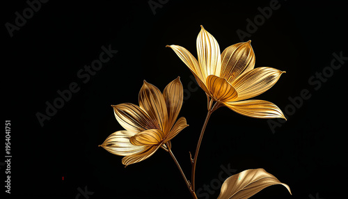 luxury golden flowers with delicate, curved, and elegant metallic petals, set against a pure, deep black background, illuminated by a soft, warm spotlight lighting that accentuates the intricate detai
