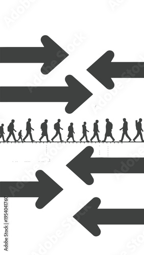 A group of people walk in one direction, opposing large arrows pointing in the opposite way, symbolizing conflict and stop war efforts in a bold, graphic illustration with a stark