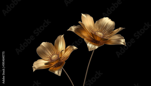 luxury golden flowers with delicate, curved, and elegant metallic petals, set against a pure, deep black background, illuminated by a soft, warm spotlight lighting that accentuates the intricate detai