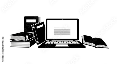 Laptop Computer With Books Stacked Around For Education And Research Concepts Isolated On White