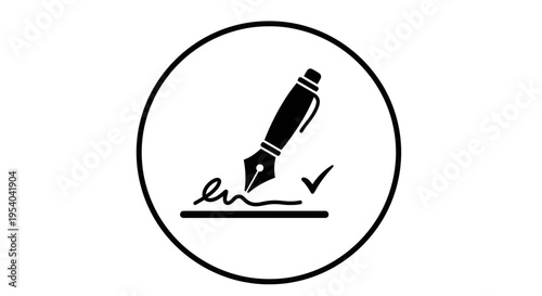 Fountain Pen Signing Document With Checkmark In Circle For Business Concepts