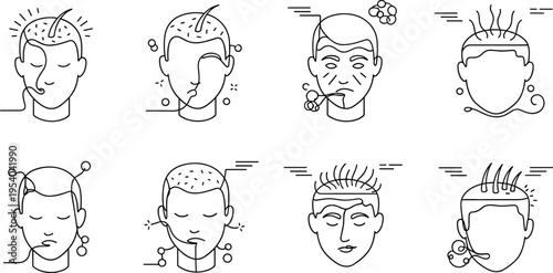Men skincare routine line art set with facial cleansing washing and treatment steps minimal vector illustration for beauty and dermatology concepts