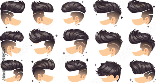 Men modern hairstyle icon set with stylish undercut fade and pompadour haircuts trendy barber fashion collection vector illustration